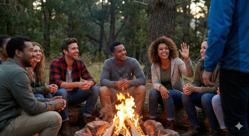 Welcoming friends, inviting a new person to join the conversation.