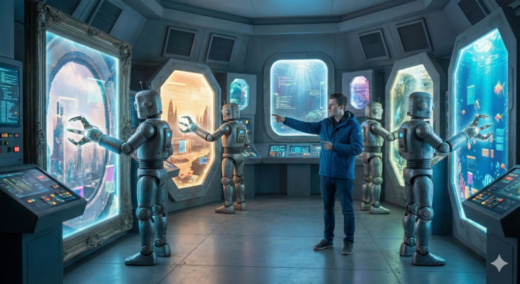 A room full of robots, exploring digital interfaces under the direction of a person.