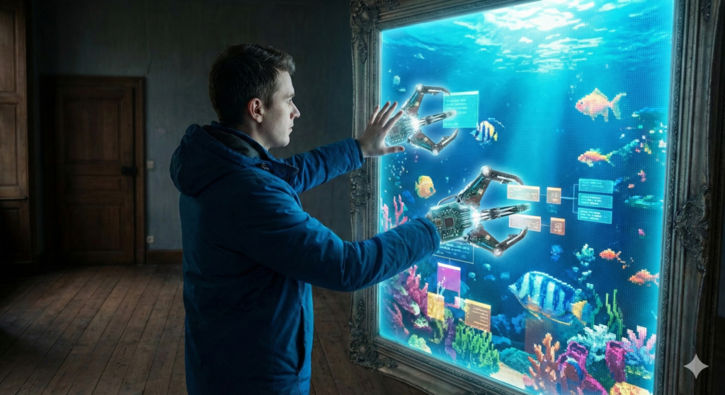 A person reaching through a digital interface, their hands becoming digital as they interact with objects on the other side.