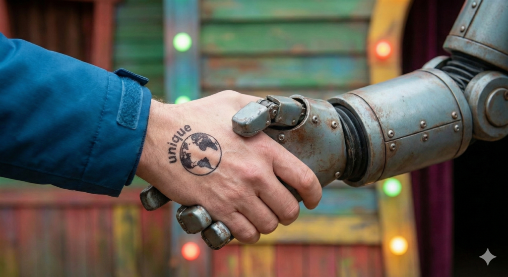 A human / robot handshake, with the human's hand stamped with a globe and the word "Unique".