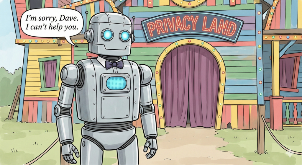 A robot denying access, saying "I'm sorry Dave, I can't do that"