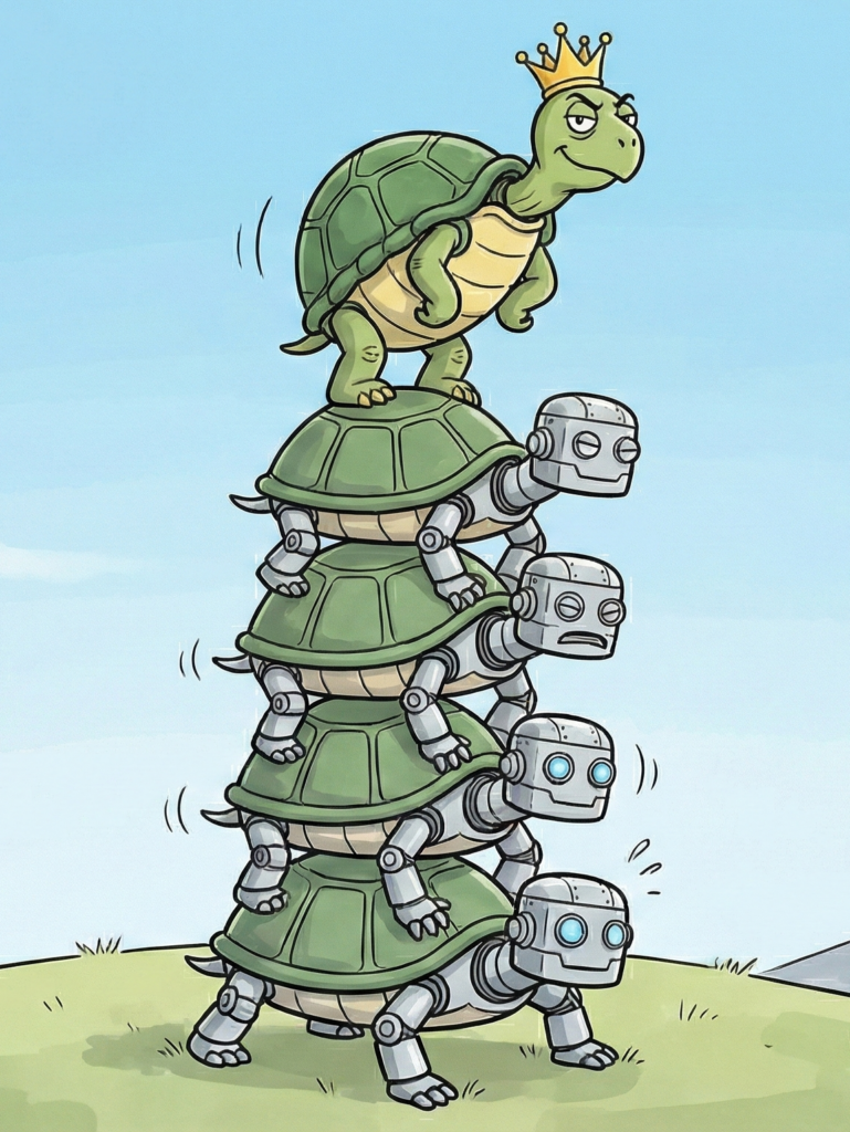 Yertle the turtle on a tower of robot turtles.