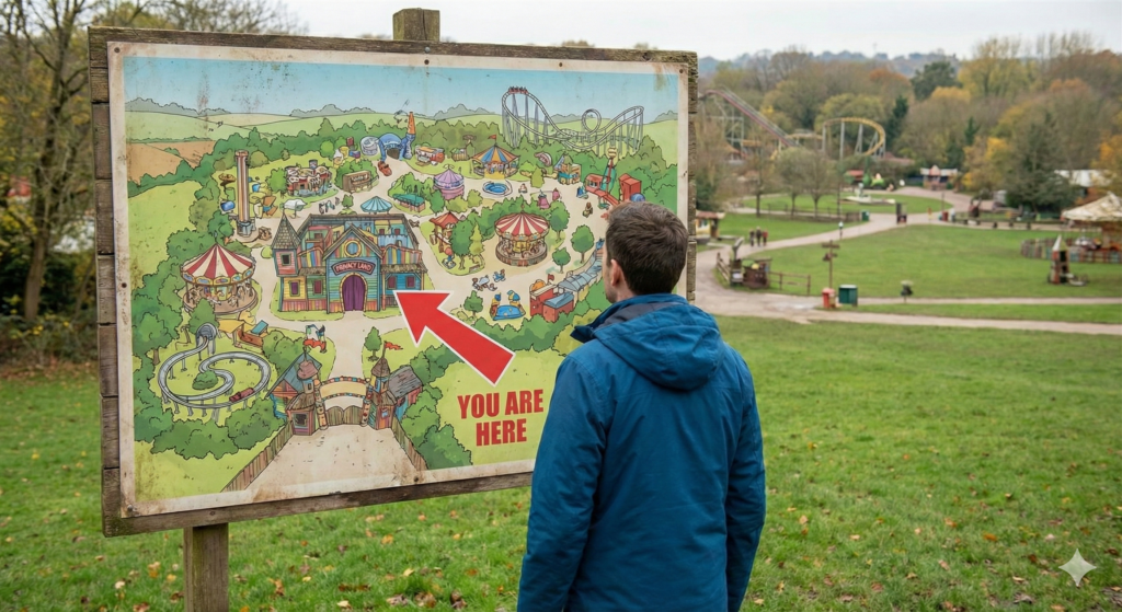 A person looking at a sign with a map with an arrow and the words "You are here"